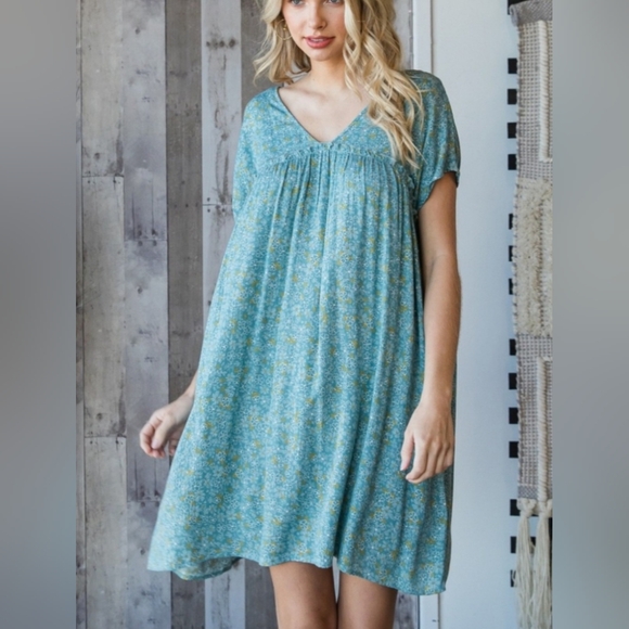 Veveret Teal Floral V-Neck Short Sleeve Dress NWOT Medium - Picture 3 of 7
